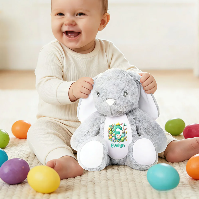 Personalized Easter Egg Cartoon Rabbit Flowers Plush Bunny Stuffed Toy with Initial and Name Easter Gift for Boys Girls