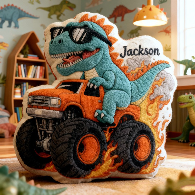 Personalized Cool Dinosaur Driving Monster Truck Custom Name Fun Boys Room Decoration Unique Adventure Style Plush  Graphic 3D Print Pillow