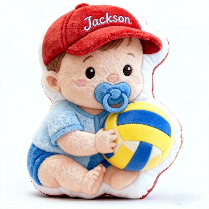 Personalized Baby Boy Name Custom Kids Gift Cute Red Hat Balls Blue Outfit Soft Playful Decorative Graphic 3D Print Pillow