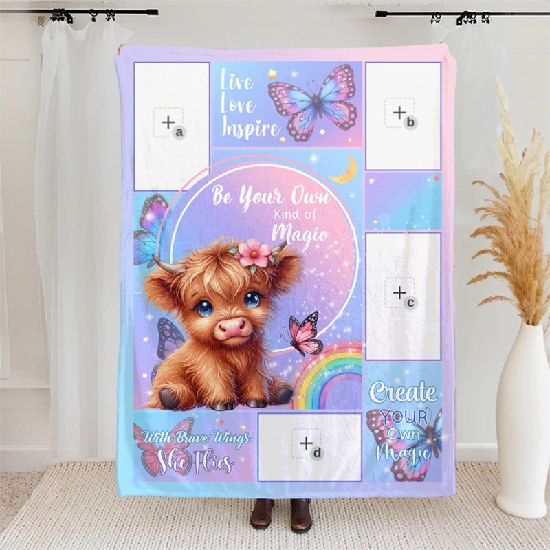 Personalized Floral Highland Cow Butterfly Soft Throw Blanket with Name and Photos Home Decor Baby Shower Birthday Gift for Girls