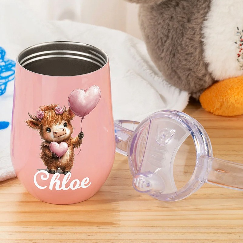 Personalized Cute Highland Cow 10 oz Insulated Name Sippy Cup with Lid and Handle Birthday Baby Shower Gift for Toddler Kids