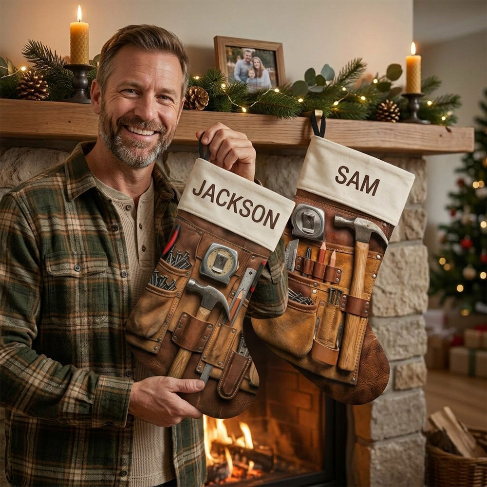 Personalized Woodworker Christmas Stocking Custom Name Carpenter Tools Rustic Workshop Gift For Him Dad Grandpa Holiday Fireplace Mantel Decoration