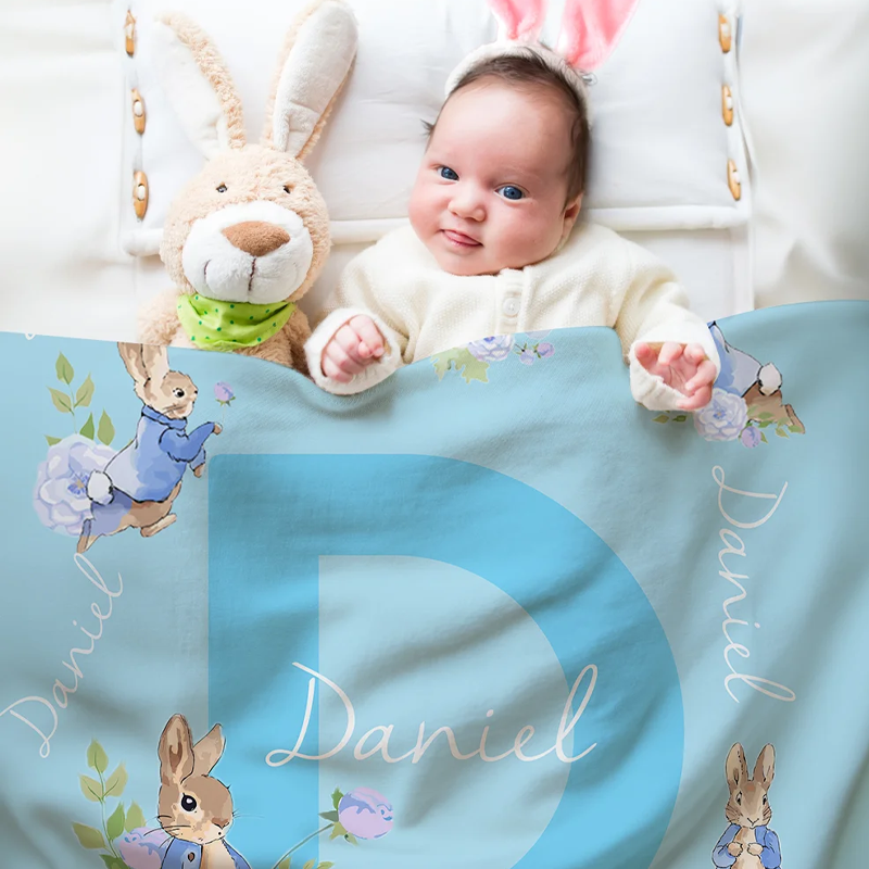 Personalize Cute Bunny Peter Rabbit Soft Throw Blanket with Name and Initial Home Decor Birthday Christmas Gift for Boys Girls