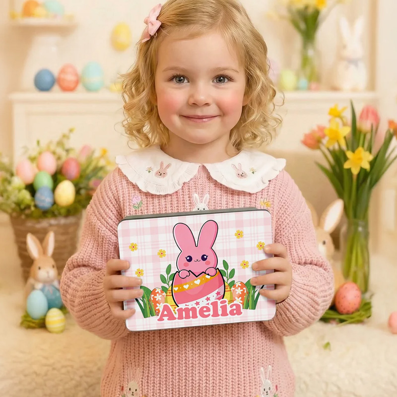 Personalized Cute Bunny Easter Egg Food Grade Metal Biscuit Tin Storage Box with Name Easter Party Gift for Kids