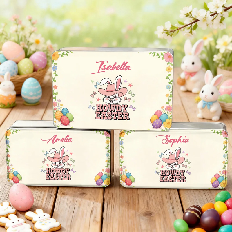 Personalized Howdy Easter Cute Bunny Easter Biscuit Tin Box with Name Easter Party Easter Gift for Children