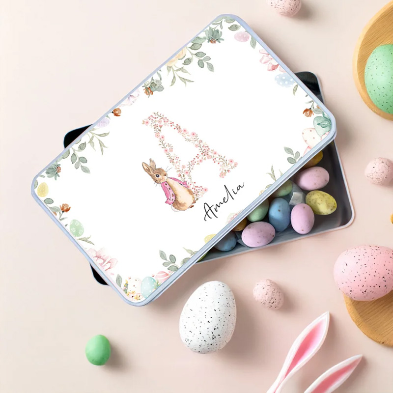 Personalized Cute Peter Rabbit Floral Initial Easter Biscuit Tin Storage Box with Name Easter Party Birthday Gift for Kids