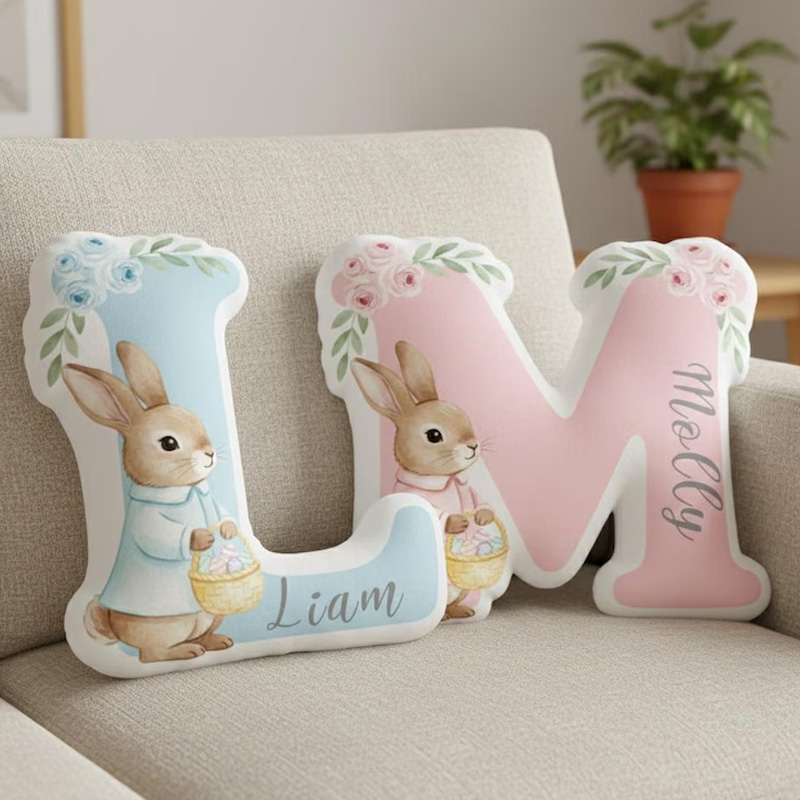 Personalized Pink Bunny Initial Letter Floral Easter Basket Custom Name Kids Room Decor Nursery Gift Graphic 3D Print Pillow
