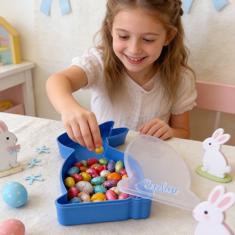 Personalized Blue Bunny Easter Gift Basket Custom Name Kids Candy Holder Cute Spring Egg Hunt Party Favor Candy Box