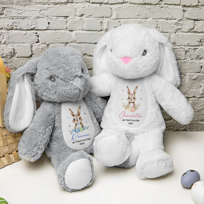 Personalized My First Easter Flower Butterfly Stuffed Plush Bunny Toy with Name and Year Easter Birthday Gift for Kids