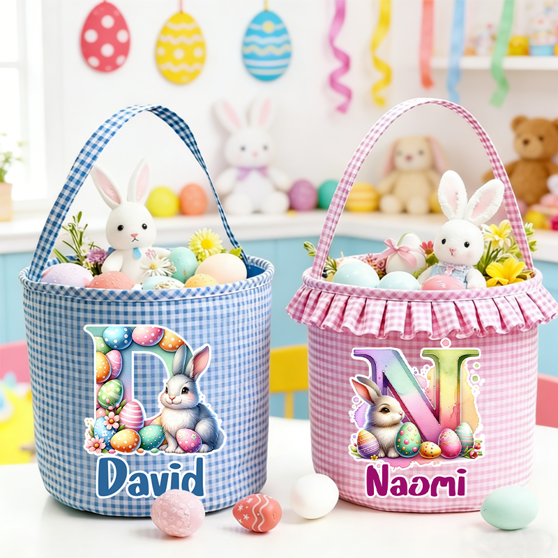 Personalized Easter Bunny Alphabet Letters Plaid Easter Basket with Name and Initial Easter Eggs Hunting Easter Day Gift for Boys Girls