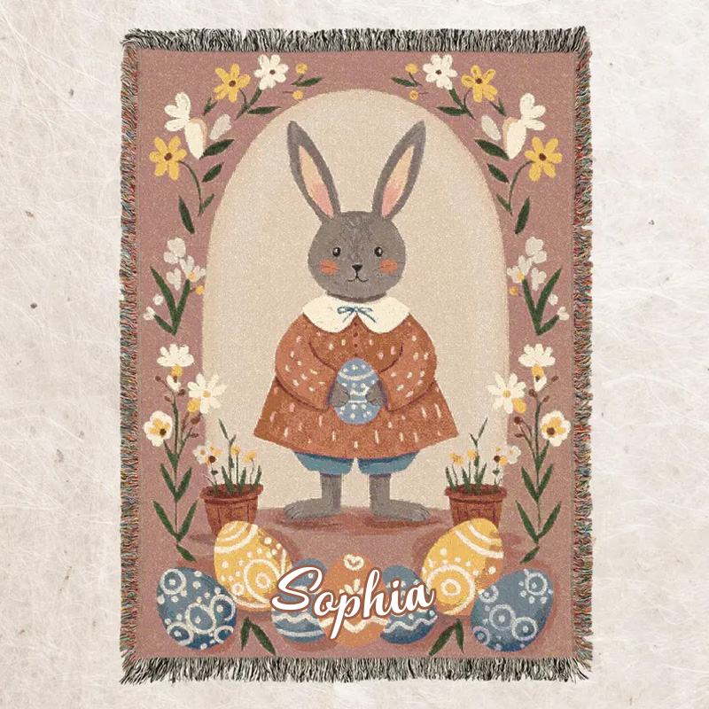 Personalized Cute Bunny Easter Spring Floral Kids Room Decor Custom Name Nursery Accent Cozy Gift Tassel Blanket