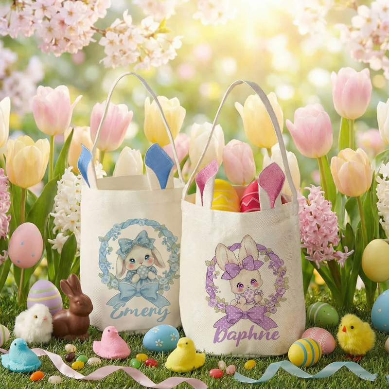 Personalized Polka Dot Bow Floral Bunny Easter Basket with Name and Bunny Ears Egg Hunting Accessory Easter Gift for Kids