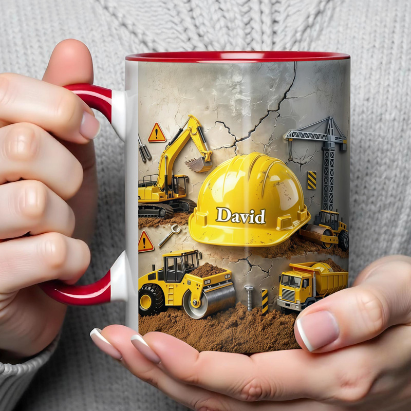 Personalized Construction Trucks Excavator Crane Hard Hat Builder Theme Custom Name Boys Birthday Gift Coffee Mug