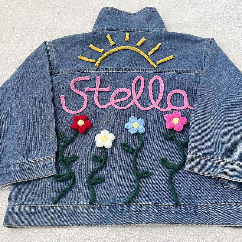 Personalized Sun and Flowers Embroidery Name Custom Cute Spring Garden Style Toddler Outfit Gift Kid Knitted Denim Jacket