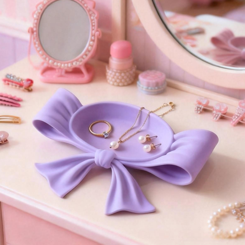 3D Printed Coquette Bow Jewelry Tray Vanity Decor Lipstick and Cosmetic Holder Stylish Desktop Storage