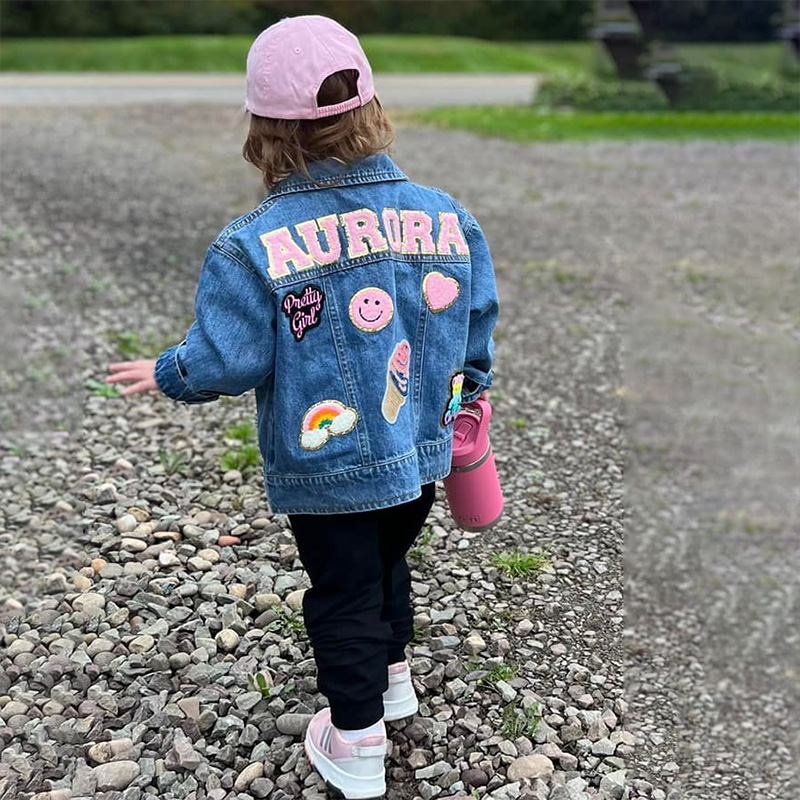 Personalized Rainbow Dream Horse Smiley Butterfly Lightning Patch Custom Name Colorful Fun Style Kid Denim Jacket