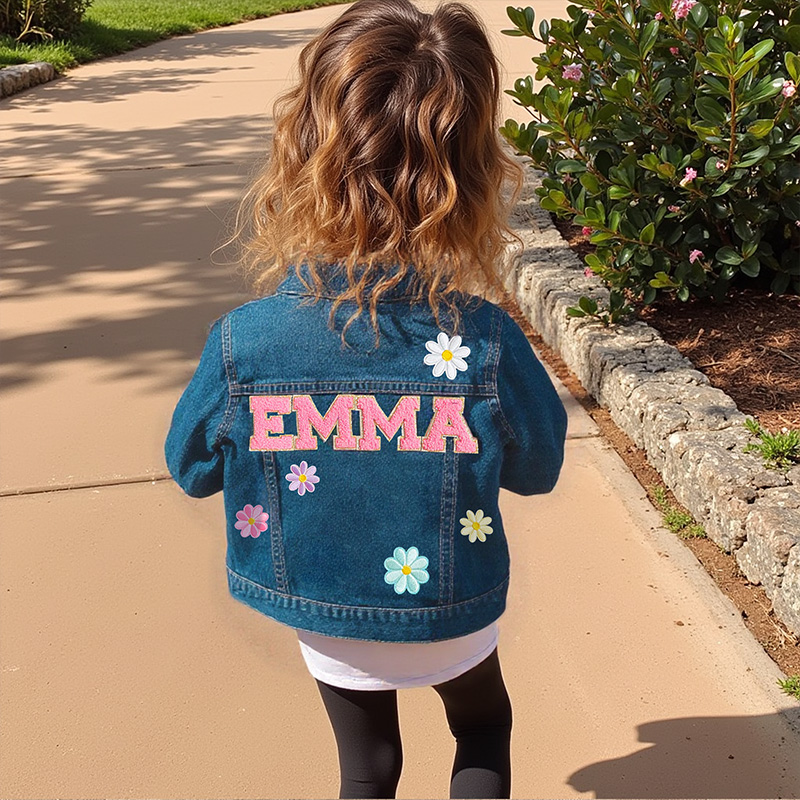 Personalized Pink Flower Custom Name Matching Sisters Outfit Spring Cute Style Kid Denim Jacket