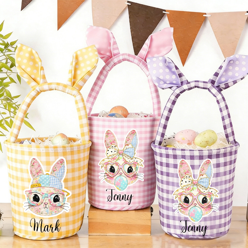 Personalized Easter Basket Custom Gingham Fabric with Bunny Face and Name for Kids
