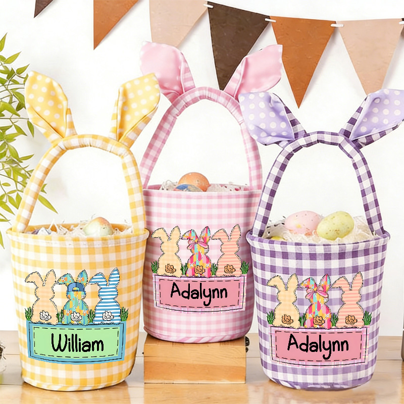 Personalized Easter Basket Custom Gingham Fabric with Bunny Ears and Name for Kids Egg Hunt