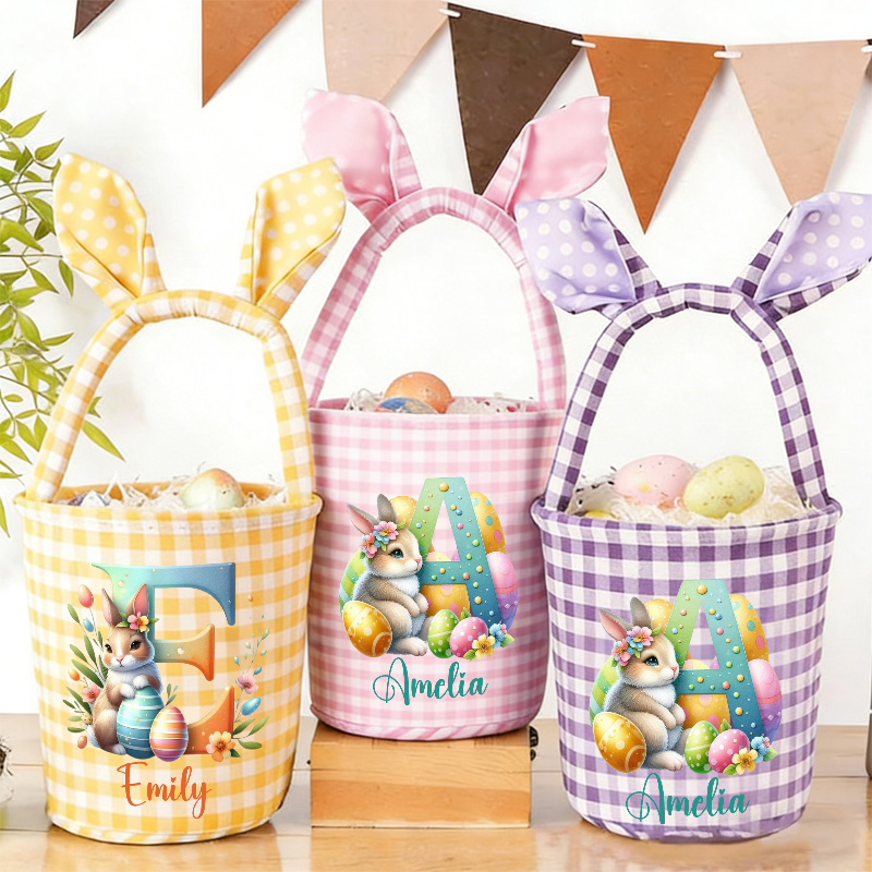 Personalized Easter Basket Custom Gingham Fabric with Bunny Ears and Cute Animal Design for Kids