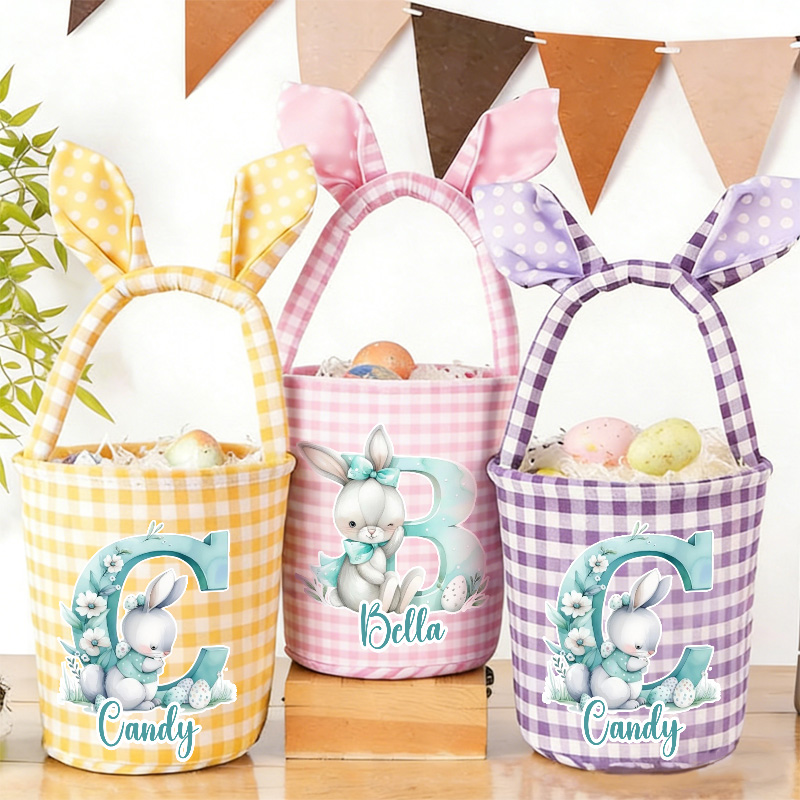 Personalized Adorable Bunny Ears Custom Name Gingham Fabric Kids Easter Egg Hunt Basket