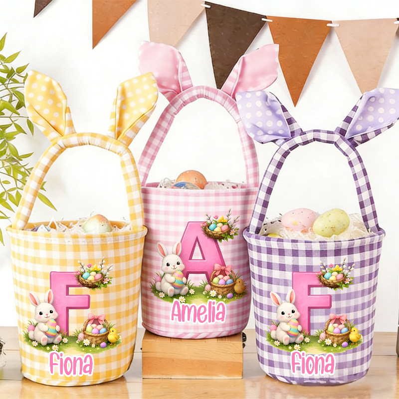 Personalized Adorable Bunny Ears Custom Name Initial Gingham Fabric Easter Basket
