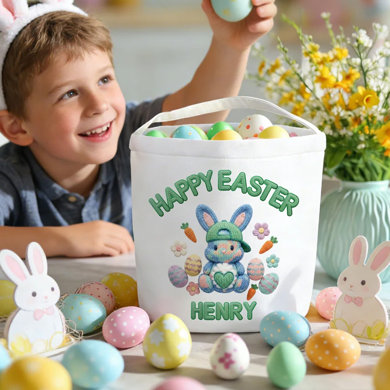 Personalized Happy Easter Faux Yarn Bunny Large Capacity Canvas Easter Basket with Name Easter Day Gift for Boys Girls