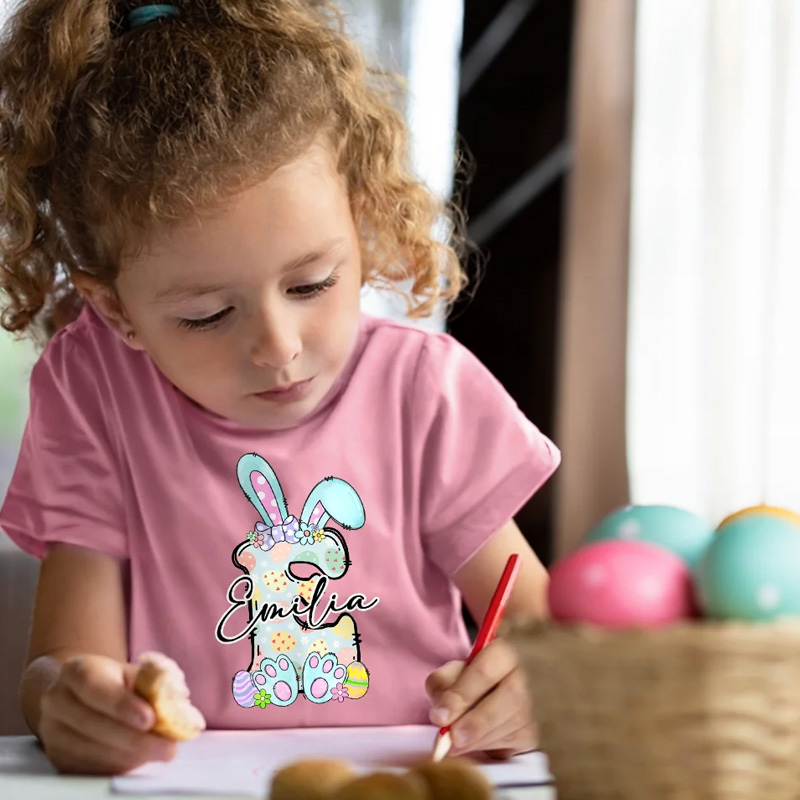 Personalized Multicolor Cute Easter Bunny Initial 100% Cotton T-shirt with Name Easter Party Gift for Boys Girls