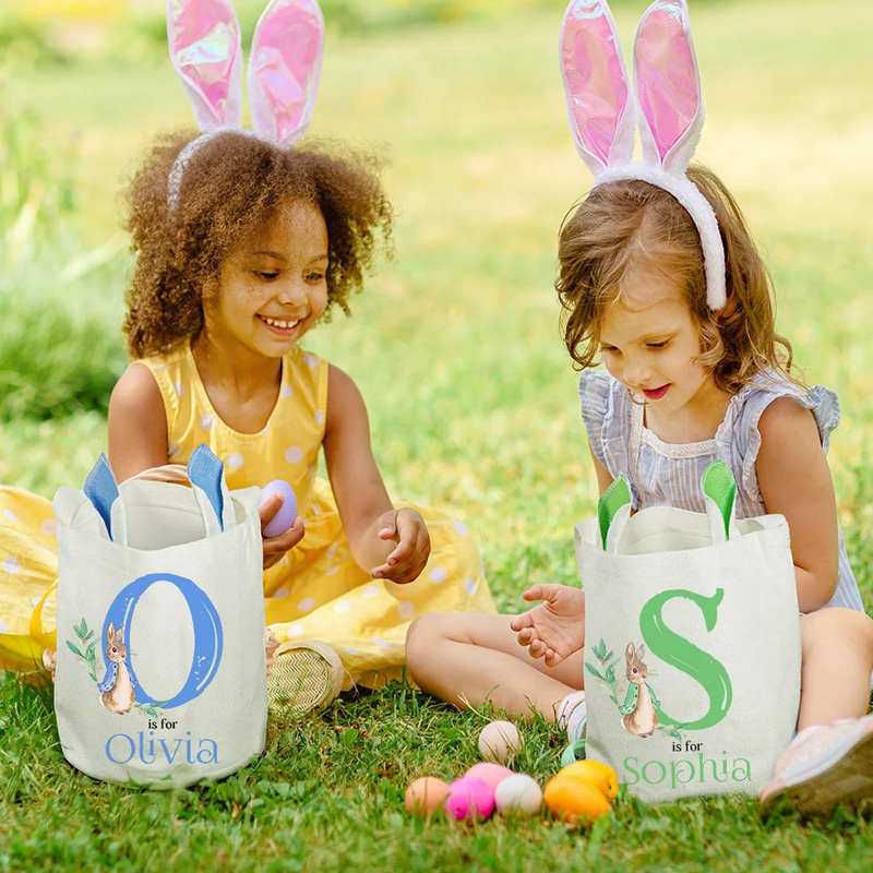 Personalized Cute Peter Rabbit Bunny Ears Bucket Bag Basket with Initial and Name Easter Egg Hunt Supplies Birthday Party Favors Gift for Kids