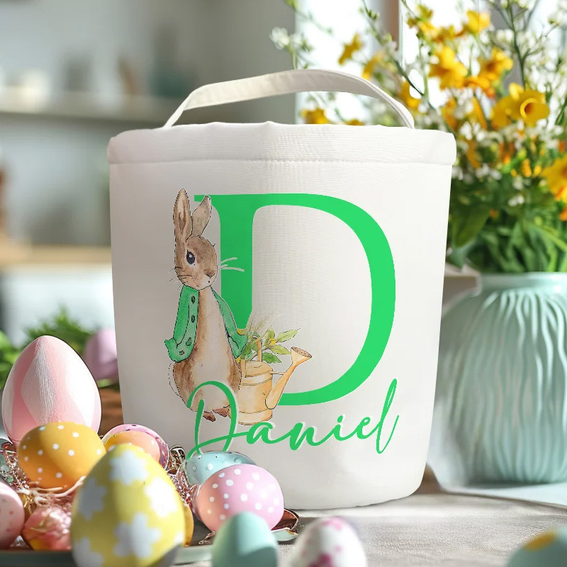 Personalized Cute Bunny with Initial and Name Large Canvas Candy Basket with Handle Funny Easter Eggs Hunting Gift for Boys Girls