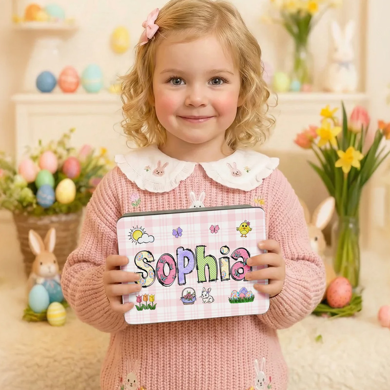 Personalized Rabbit Flowers Easter Eggs Food Grade Metal Biscuit Box with Name Daily Use Easter Gift for Boys Girls Kids