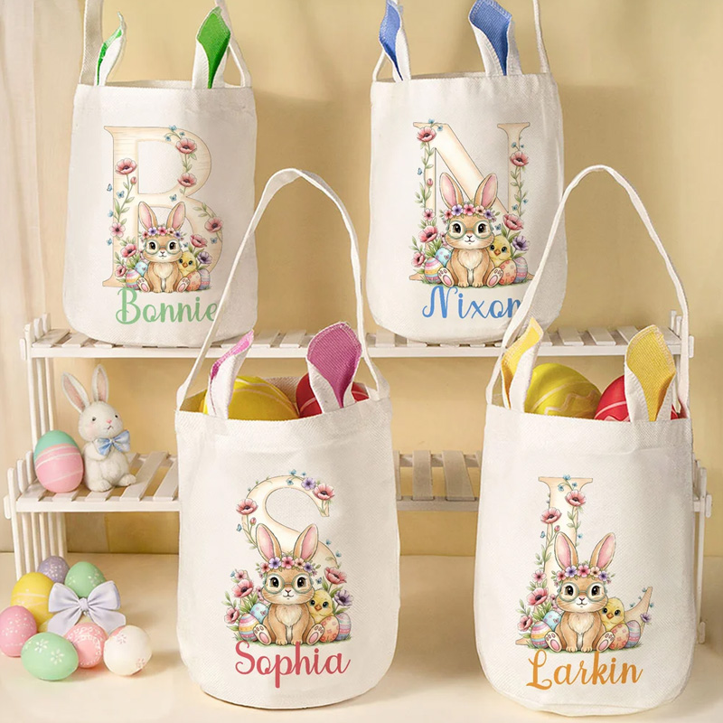 Personalized Flower Cute Bunny Ears Rabbit Easter Basket with Name and Initial Eggs Hunting Party Favor Easter Gift for Kids