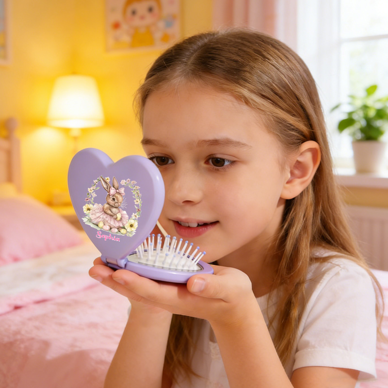 Personalized Lovely Heart Style Custom Name Mini Mirror Detangling Travel Folding Cushion Comb