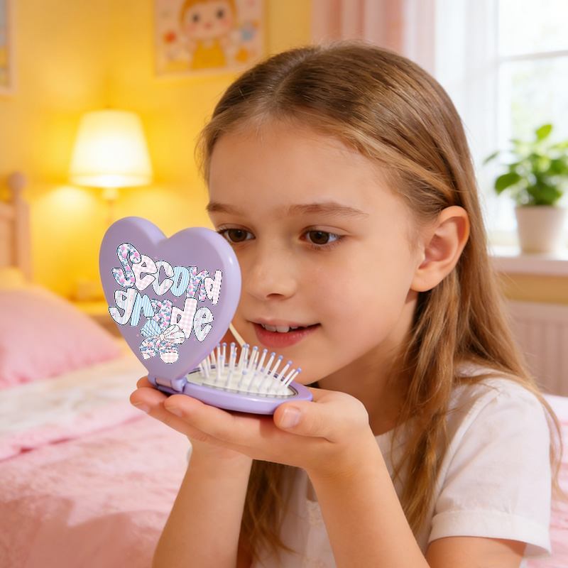 Personalized Heart Shaped Mirror Custom Name Cute Pattern Travel Folding Cushion Comb