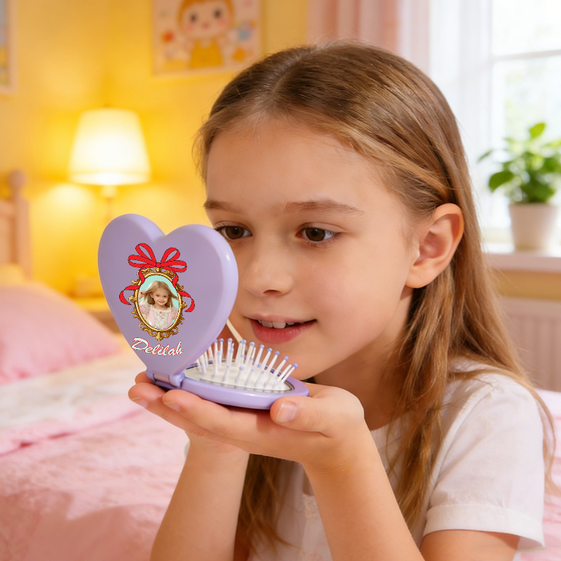 Personalized Sweet Heart Shaped Custom Name Mini Mirror Detangling Travel Folding Cushion Comb