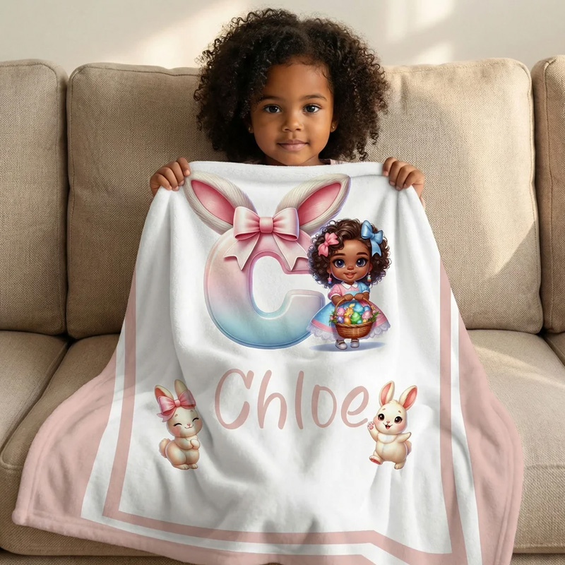 Personalized Cartoon Black Girl Soft Throw Blanket with Name Home Decor Easter Birthday Gift for Girls