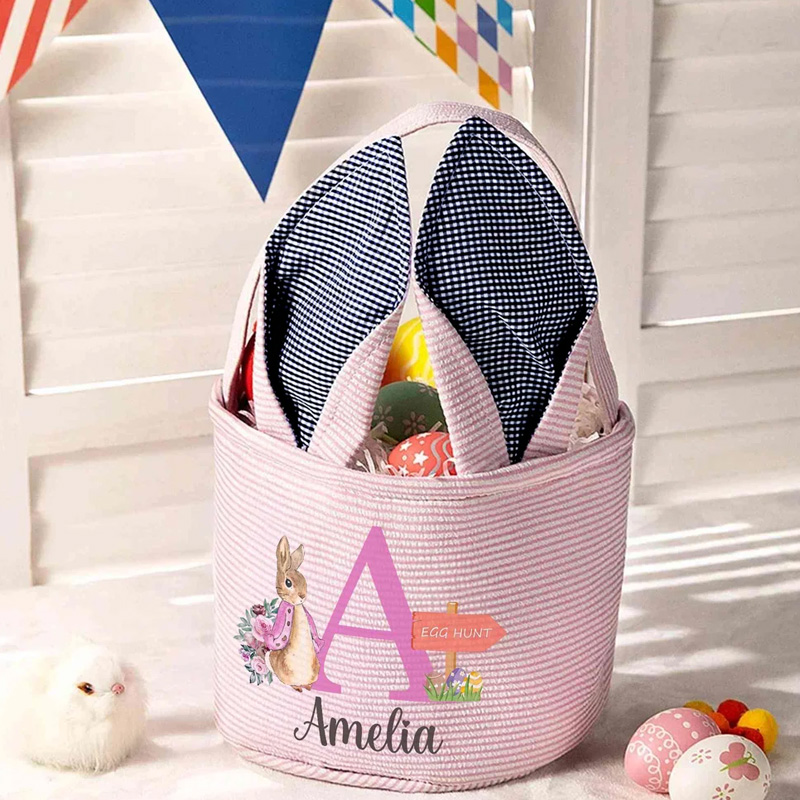 Personalized Cute Peter Rabbit Ears Stripe Easter Basket with Name and Initial Easter Party Favor Eggs Hunting Gift for Kids