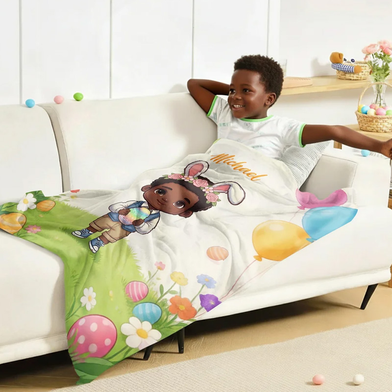 Personalized Cute Character Easter Egg Soft Throw Blanket with Name Home Use Easter Gift for Boys Girls