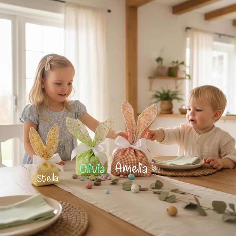 Personalized Easter Theme Custom Name Cute Reusable Fabric Gift Pouches Kids Party Bunny Ear Treat Bags
