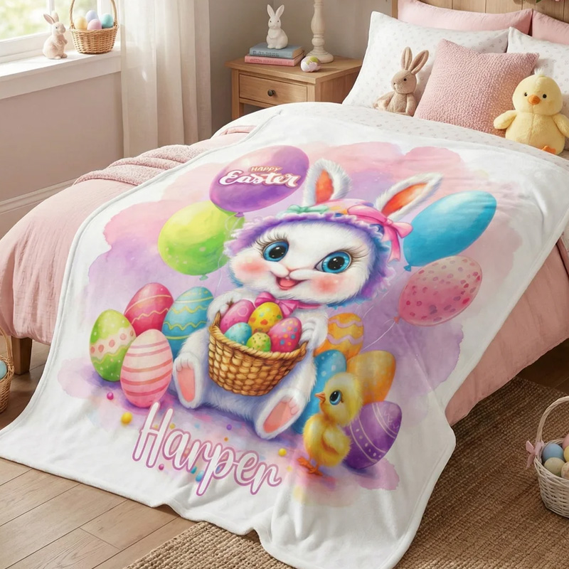 Personalized Happy Easter Cute Bunny Chick Balloon Soft Throw Blanket with Name Home Decor Easter Gift for Kids