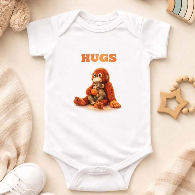 Personalized Cute Sitting Monkey with Hugs Text Custom Name Soft Cotton Newborn Gift Outfit Punch Monkey Baby Bodysuit