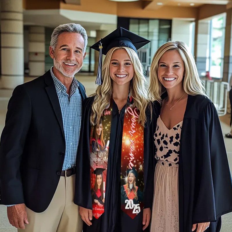 Personalized Custom Photo Name School Year Memory Collage Unique Senior Gift Colorful Satin Scarf Graduation Stole