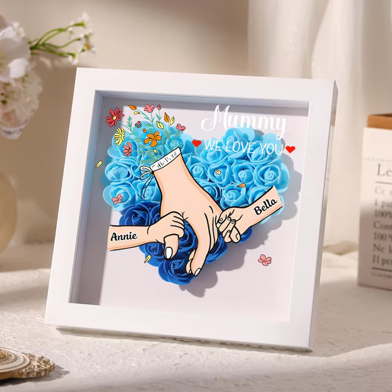 Personalized Rose Heart Shadow Box Hand Holding Frame with Kids Names Mothers Day Gift for Mummy