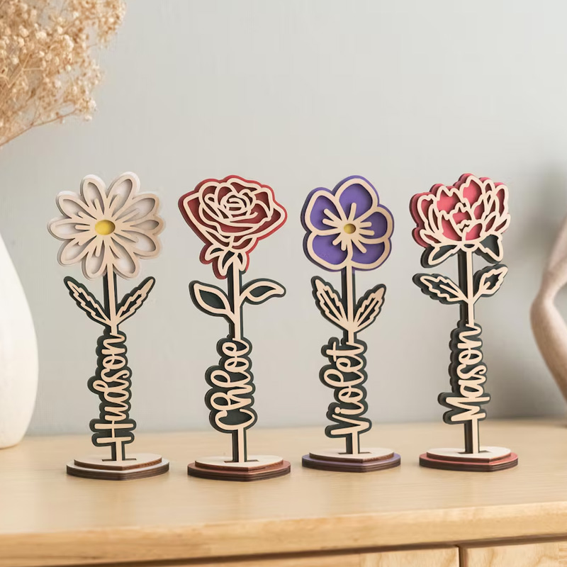 Personalized Custom Name Gift for Mom Kids Room Decoration Unique Handmade Art Piece Wooden Flower Stand For Table Decor