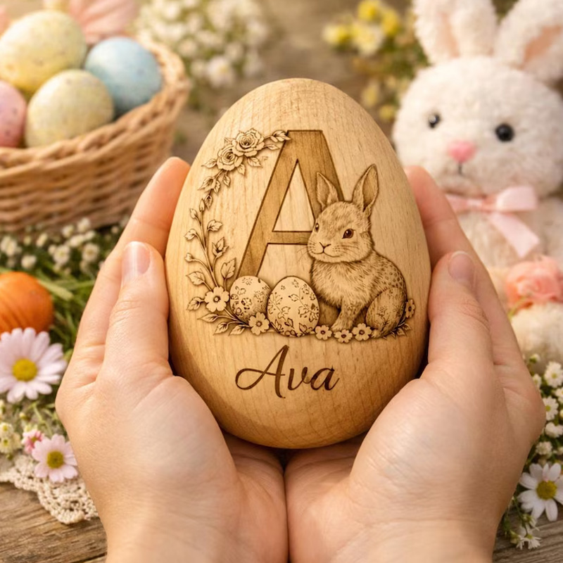 Personalized Engraved Bunny Gift Custom Name Keepsake for Kids Easter Celebration Holiday Decoration Wooden Easter Egg