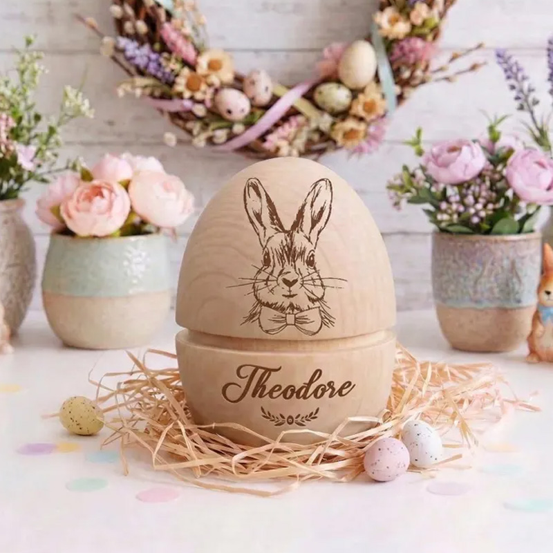Personalized Custom Engraved Bunny Gift Name Keepsake Treat Box for Kids Easter Celebration Holiday Fillable Wooden Easter Egg