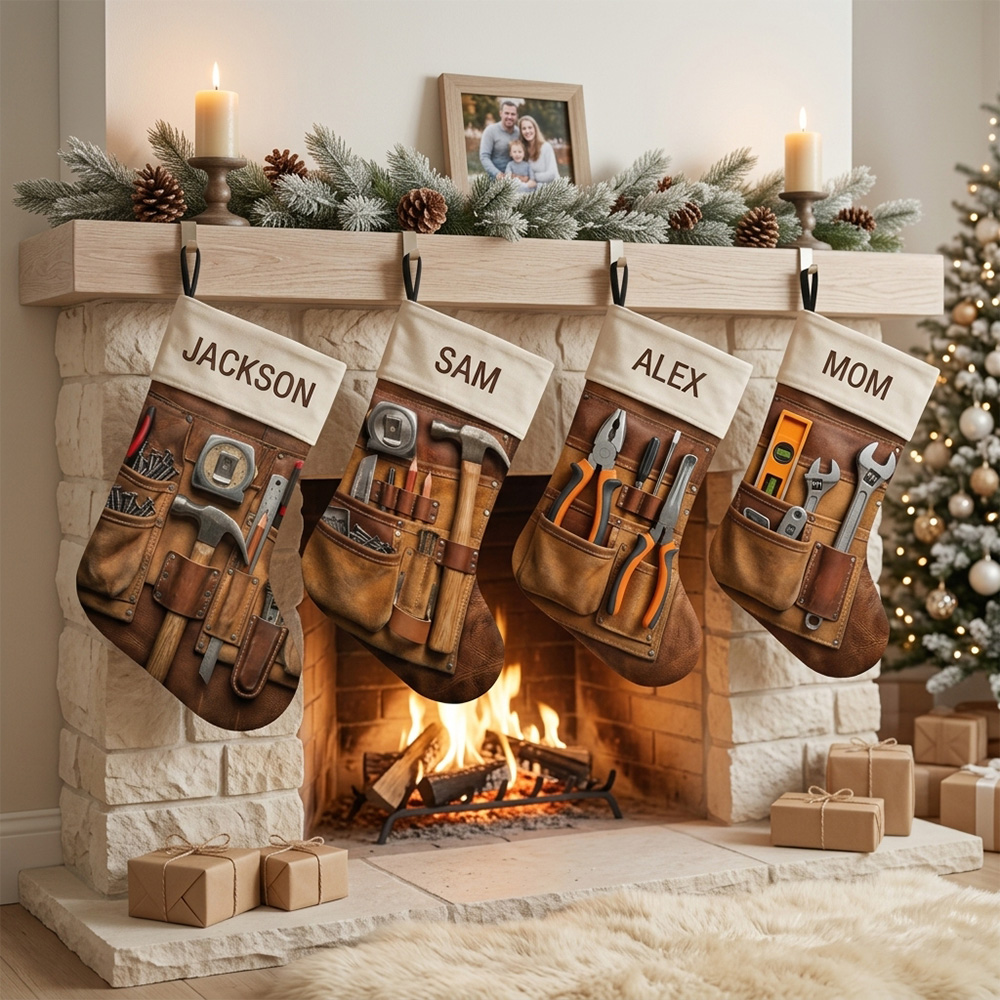 Personalized Woodworker Christmas Stocking Custom Name Carpenter Tools Rustic Workshop Gift For Him Dad Grandpa Holiday Fireplace Mantel Decoration