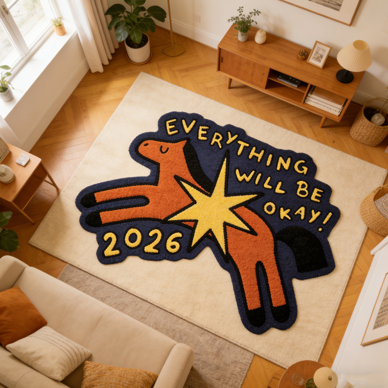 Personalized Everything Will Be Okay 2026 Positive Quote Colorful Horse Shape Gift For Kids Playroom Rug