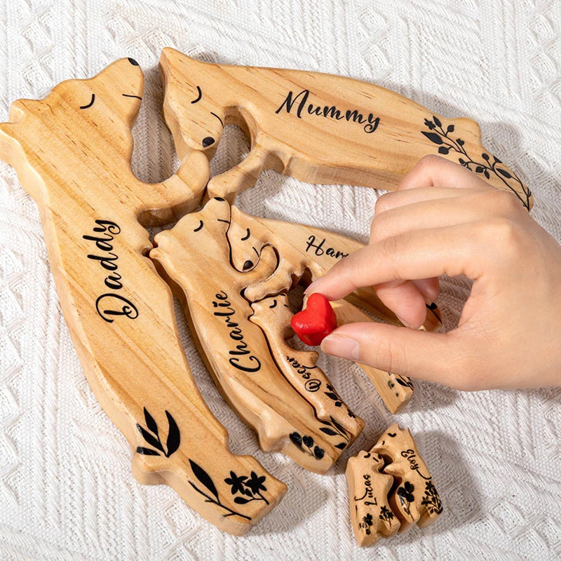 Personalized Wooden Bear Family Puzzle with 2-6 Names and Red Heart Desk Decoration Birthday Mother's Day Gift for Family