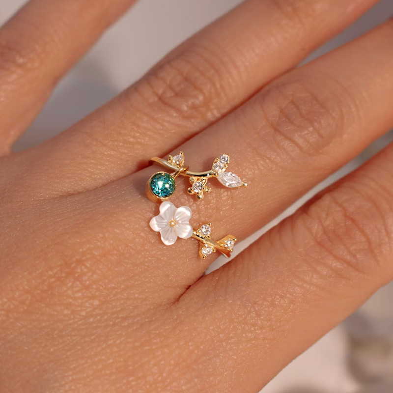 Personalized Birth Flower Ring Mother of Pearl Sakura Rings Adjustable Delicate Personalized Birthstone Gift Mather's Day Gift